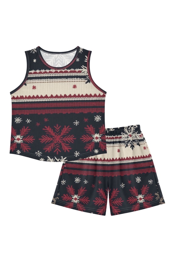 Knitted Snowflakes Ugly Sweater Pattern Pajamas Set Sleeveless Sleepwear Tank Tops with Shorts Loose Fit Lounge Wear Unisex 4Y