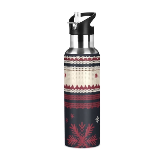 Knitted Snowflakes Ugly Sweater Pattern Sports Bottle with Straw Stainless Steel Water Jug Portable Thermal Cup Leak-proof 1000ML