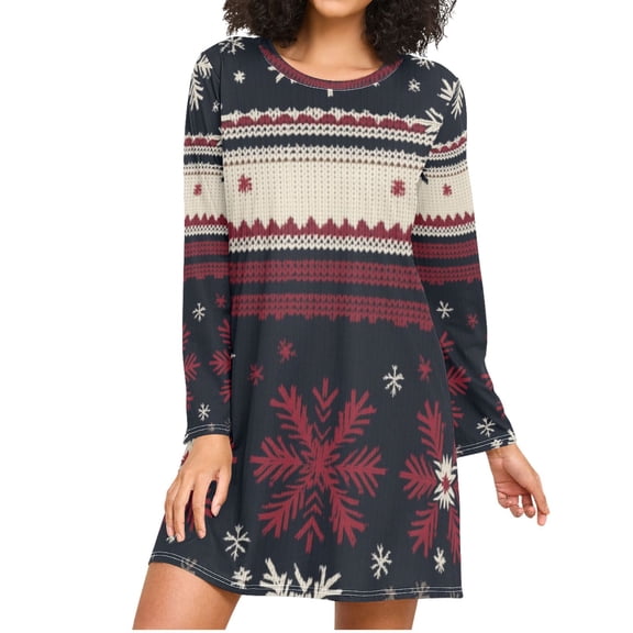 Knitted Snowflakes Ugly Sweater Pattern Women's Long Sleeves Nightgowns Sleepwear Soft Pajama A-line Sleep Dress XXL