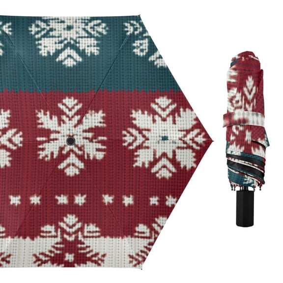 Knitted Snowflakes on Red Green White Stripes All Weather Umbrella Triple Folding Parasol 6 Ribs UV Protection Portable