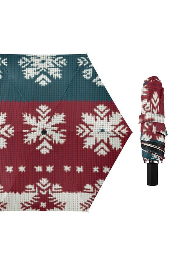 Knitted Snowflakes on Red Green White Stripes All Weather Umbrella Triple Folding Parasol 6 Ribs UV Protection Portable