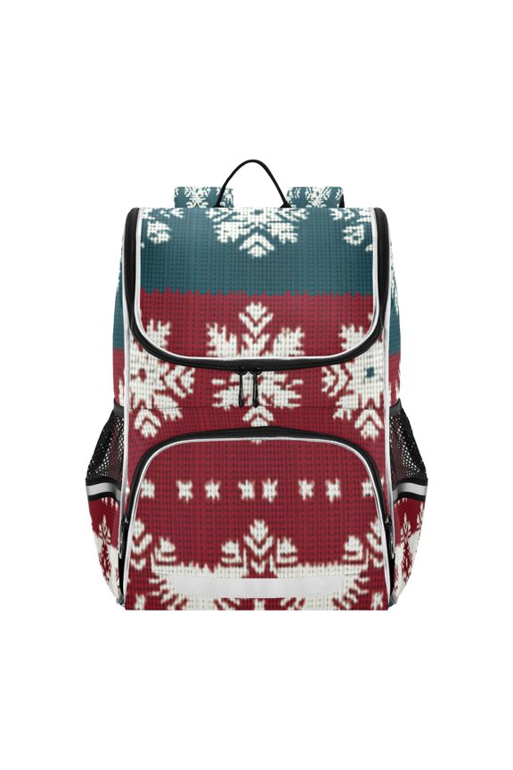 Knitted Snowflakes on Red Green White Stripes Backpack Purse Daypack Book Bag Fashion Accessories Unisex 15L for Commute Travel School