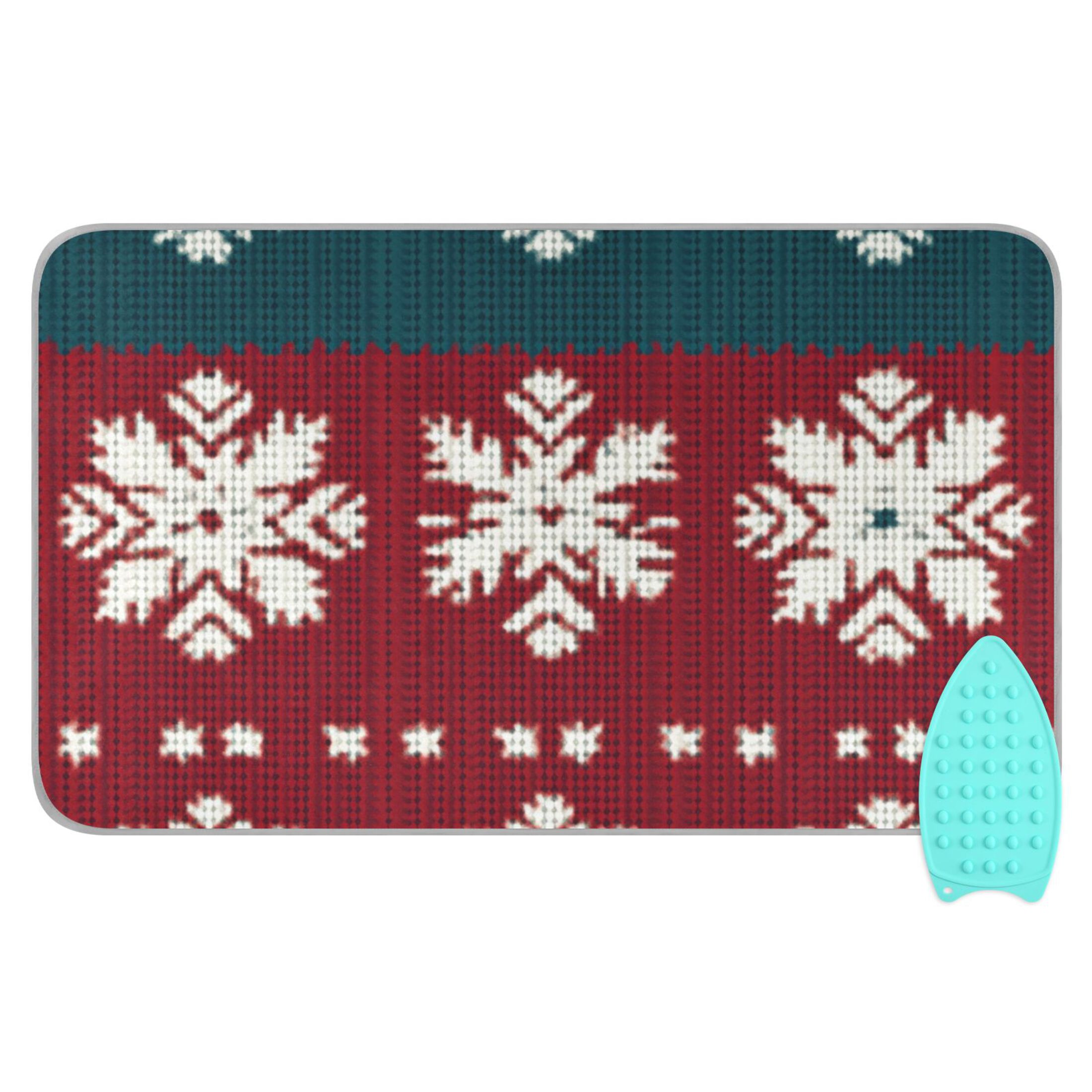 Knitted Snowflakes on Red Green White Stripes Ironing Mat Blanket Portable Travel Ironing Pad Heat Resistant Pad 47.2" x 27.6”