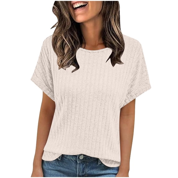 Knitted Stripe T-Shirt for Womens Summer Scooped Neck Tees Short Sleeve Tops Solid Basic Tunics Blouses Pullover Sweater Blouses Boho Dressy Shirts Beach Vacation Clothes 2025