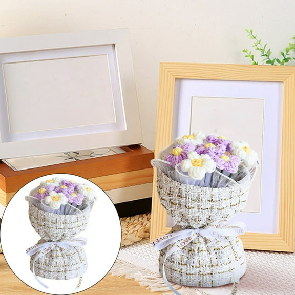 Knitted Sunflower Bouquet,Completed Crochet Flower, Artificial Orange Handmade Crochet Bouquet Kit Knitted Fake Sunflower Rose Daisy for Graduation,Birthday,Halloween,Christmas,Wedding Decor,Purple