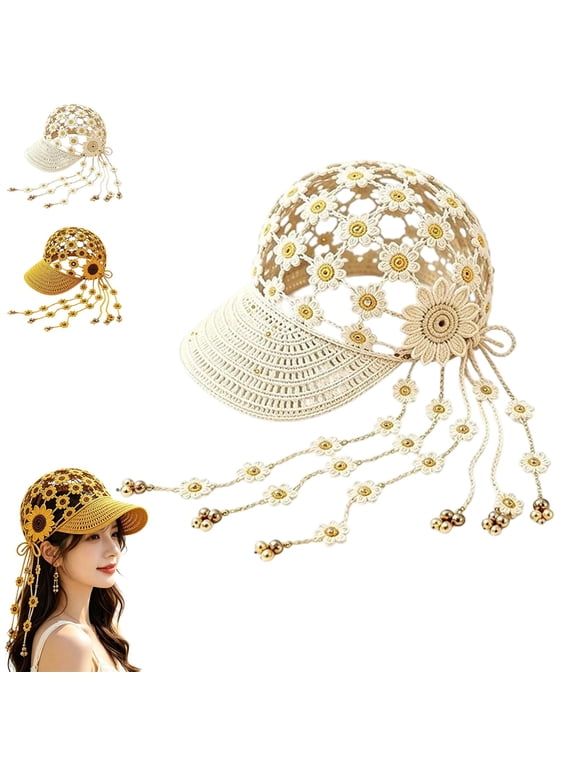 Knitted Sunflower Hollow-Out Baseball Cap, Breathable Boho Sunflower Crochet Sun Hat for Outdoor Vacation Daily Casual