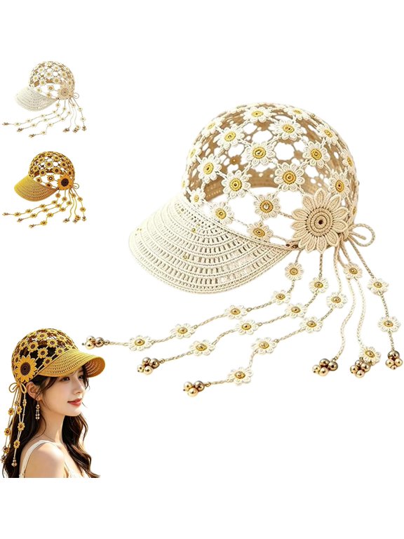 Knitted Sunflower Hollow-Out Baseball Cap, Breathable Boho Sunflower Crochet Sun Hat for Outdoor Vacation Daily Casual