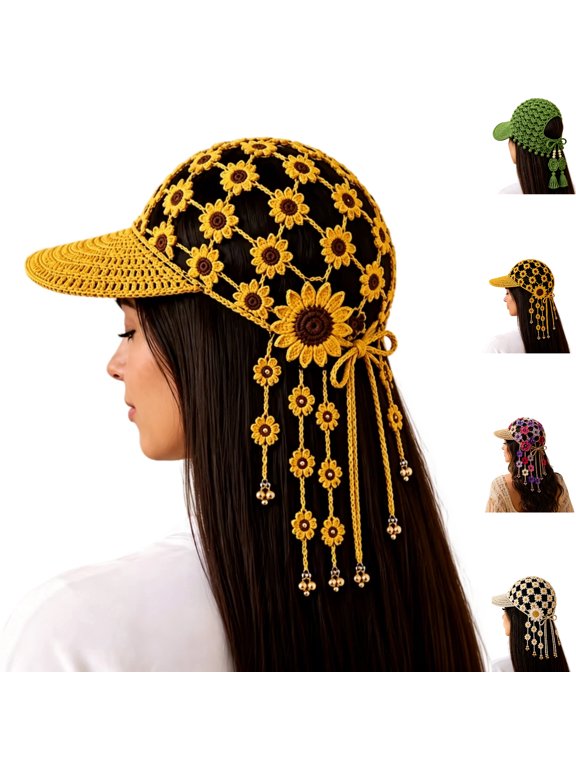 Knitted Sunflower Hollow-Out Baseball Cap Breathable Crochet Visor Hat with Adjustable Tie and Floral Tassels Hat for Women