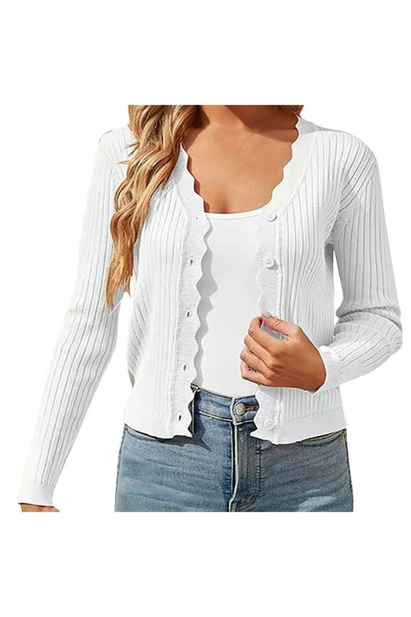 Knitted Sweater Cardigans Womens Button Up Long Sleeve Scallop Ribbed Crop Short Jackets Fall Casual Outwear (L, White)