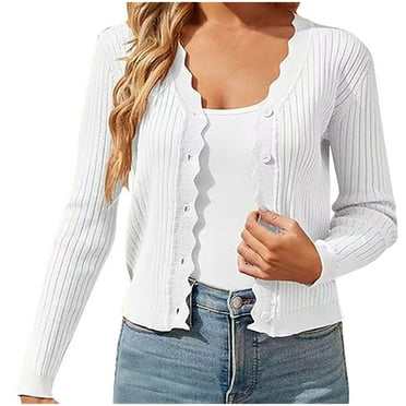 Knitted Sweater Cardigans Womens Button Up Long Sleeve Scallop Ribbed Crop Short Jackets Fall Casual Outwear (XL, White)