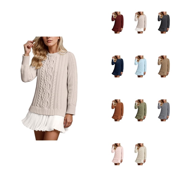 Knitted Sweater Dress, Cable-Knit Long Sleeve Crewneck, Solid Color, Comfortable Soft Stretch Daily Wear