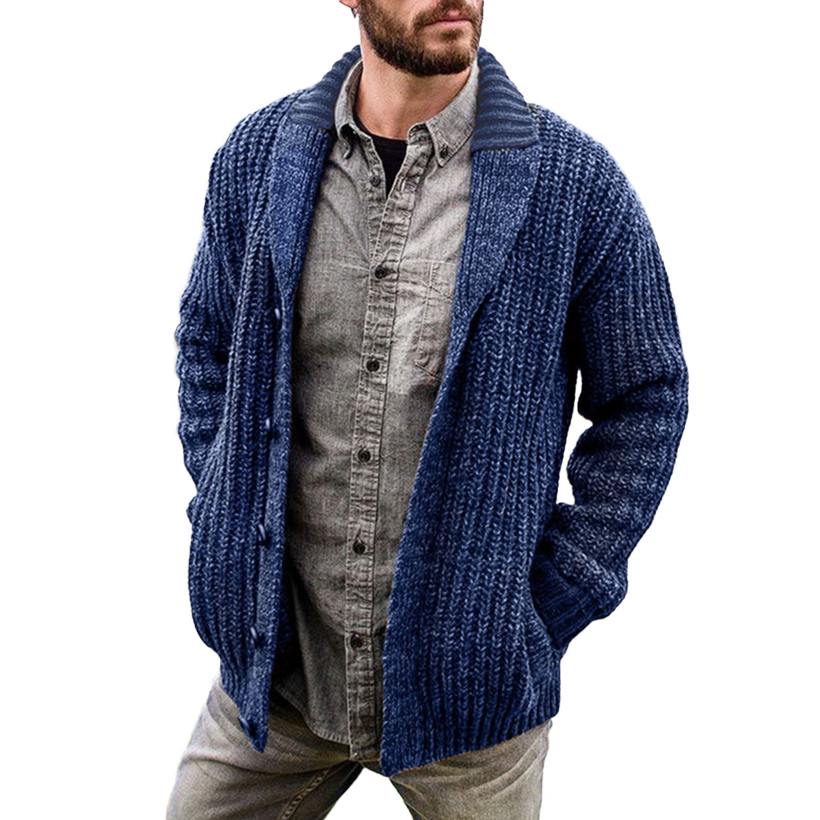 Knitted Sweater Mens Cable Knit Cardigan Sweater Shawl Collar Loose Fit ...
