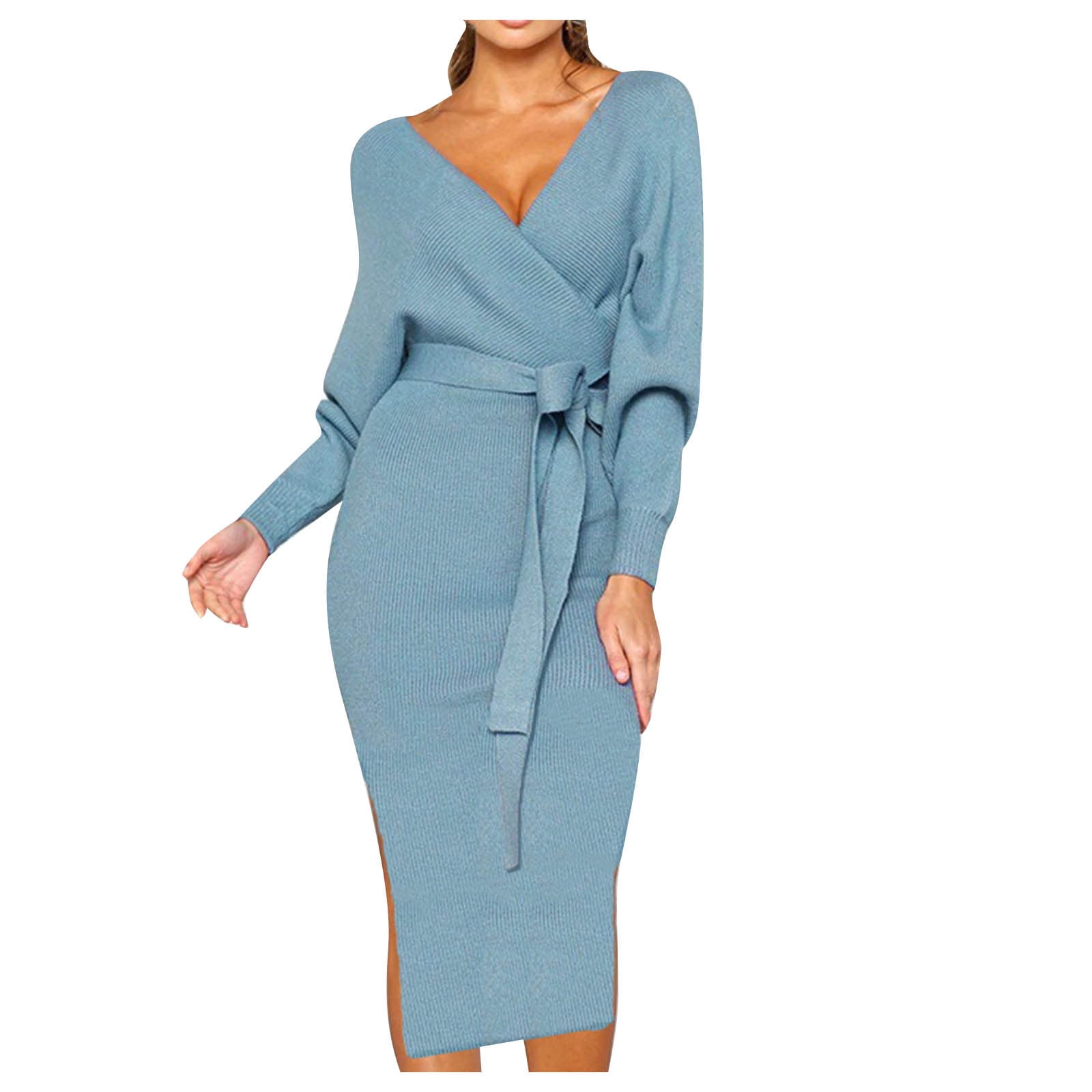 Blue Winter Crew Neck Knit Sweater Belt Midi Dress