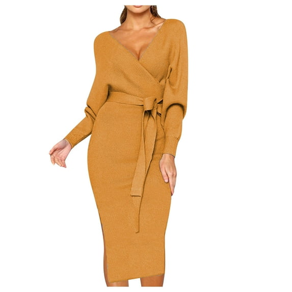 Knitted Sweater Wrap Midi Dress Womens Puff Long Sleeve V Neck Tie Waist Bodycon Split Pencil Dress with Belt (Medium, Yellow)