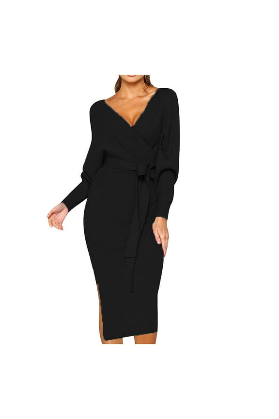 Knitted Sweater Wrap Midi Dress Womens Puff Long Sleeve V Neck Tie Waist Bodycon Split Pencil Dress with Belt (Small, Black)