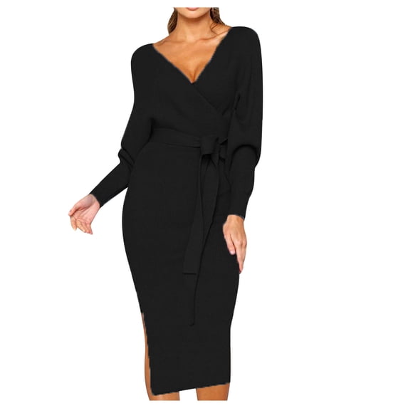 Knitted Sweater Wrap Midi Dress Womens Puff Long Sleeve V Neck Tie Waist Bodycon Split Pencil Dress with Belt (Small, Black)