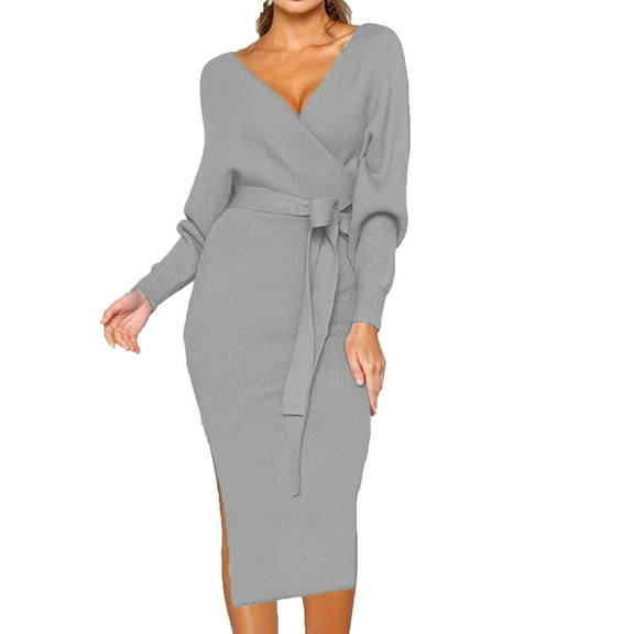 Knitted Sweater Wrap Midi Dress Womens Puff Long Sleeve V Neck Tie Waist Bodycon Split Pencil Dress with Belt (Small, Gray)