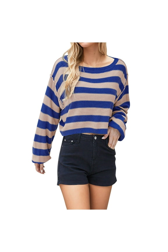 Knitted Sweaters for Women Vintage Long Sleeve Striped Casual Loose Boat Neck Plaid Pullovers Sweaters Y2K 90s Girl Knitwear Jumper Stylish Trendy, Blue (X-Large)