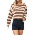 thumbnail image 1 of Knitted Sweaters for Women Vintage Long Sleeve Striped Casual Loose Boat Neck Plaid Pullovers Sweaters Y2K 90s Girl Knitwear Jumper Stylish Trendy, Coffee (Large), 1 of 3