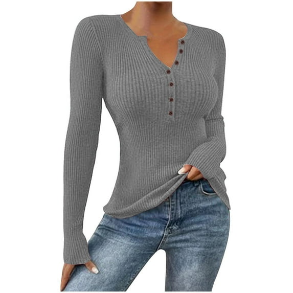 Knitted Sweatshirts for Women Sweaters Long Sleeved Solid Color V Neck Button Henley Shirts Pullover Sweatshirt Fall Winter Classic Casual Loose Warm Pullover Sportwear Tops XS-XXL