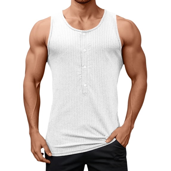 Knitted Tank Tops for Men Button Down Deep V Neck Casual Workout Gym Shirt Bodybuilding Tee Casual Summer Beach Shirts White, Size XL
