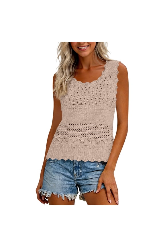 Knitted Tank Tops for Women Hollow-Out Sleeveless Scalloped Trendy Beach Travel Casual Summer Crewneck Tees (M, Khaki)