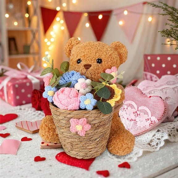 Knitted Teddy Bear Flower Bouquet, Handmade Yarn Bear with Bloom Arrangement, Artificial Flower Gift for Her Girlfriend Wife or Home Decoration