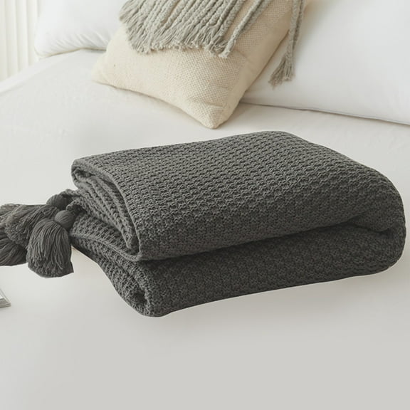 Knitted Throw Blanket for Couch Sofa Bed Office Nap - Small Woolen Plush Travel Blanket 27x39 Inches Polyester Cozy Wrap for Airplane Car Camping Home Decor with Tassel