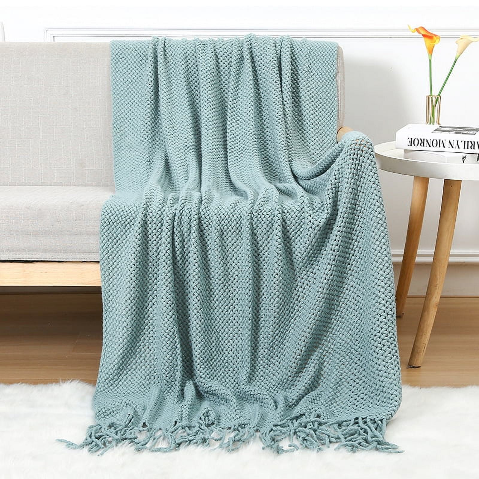 Knitted Throw Blanket with Tassels Bubble Textured Lightweight Throws