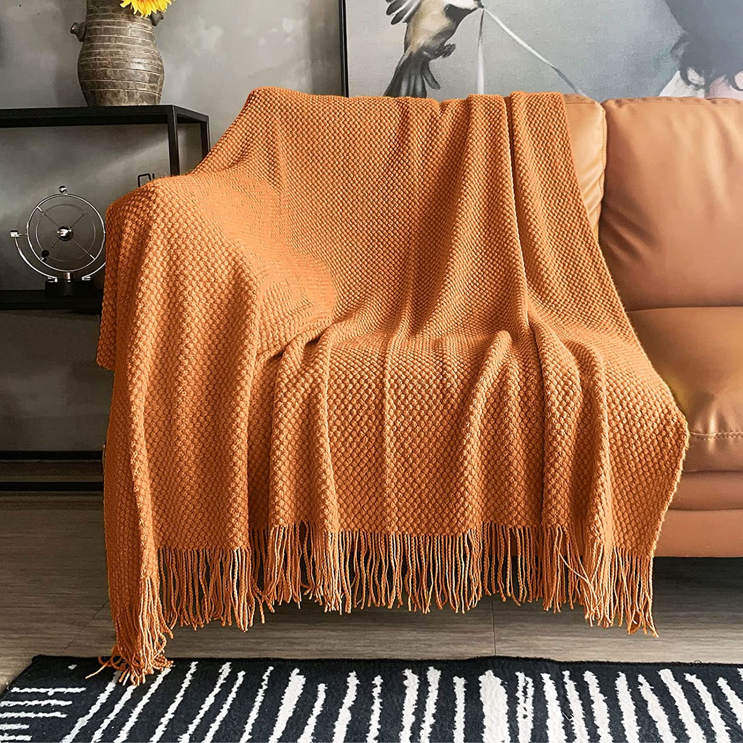 Caramel Knitted Chenille Throw Blanket with Tassels, 50x60