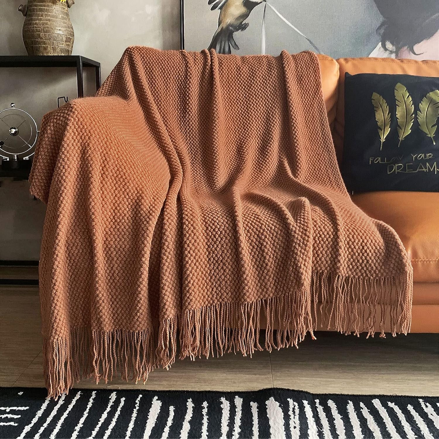 Caramel Knitted Chenille Throw Blanket with Tassels, 50x60
