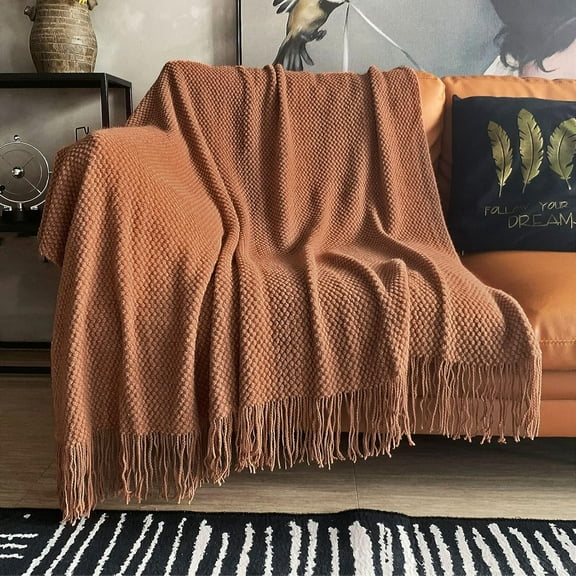Knitted Throw Blanket with Tassels Bubble Textured Lightweight Throws for Couch Cover Home Decor (Caramel, 50x60)