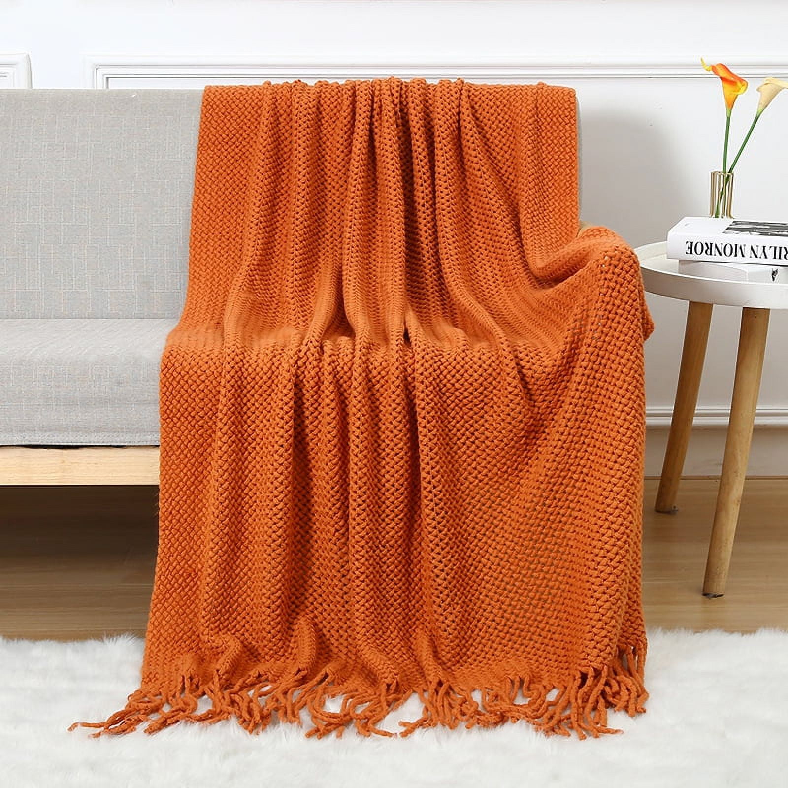 Knitted Throw Blanket with Tassels Bubble Textured Lightweight Throws