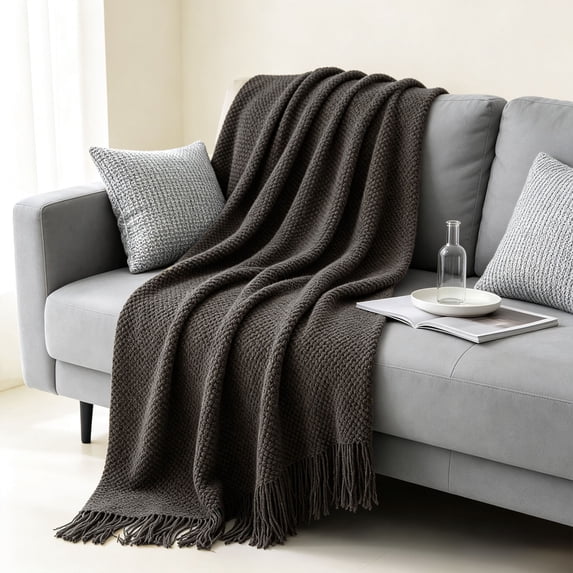 Knitted Throw Blanket with Tassels - Textured Soft Sofa Couch Cover - Farmhouse Living Room Decor(Dark Gray)