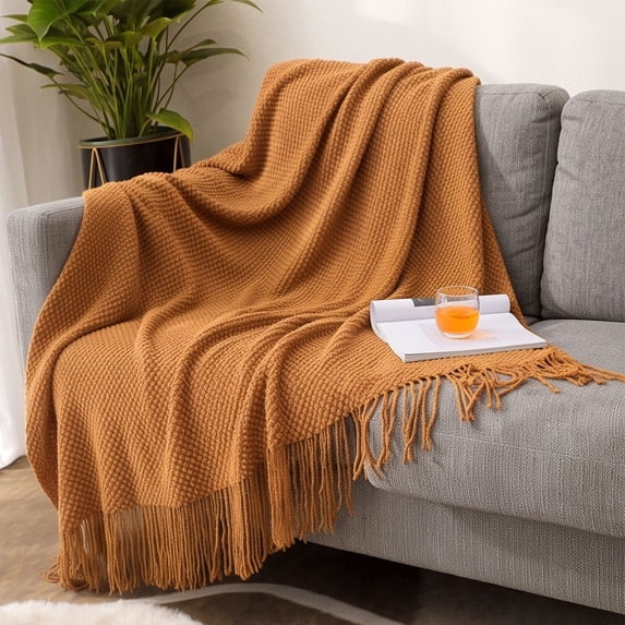 Knitted Throw Blanket with Tassels - Textured Soft Sofa Couch Cover - Farmhouse Living Room Decor(Orange)