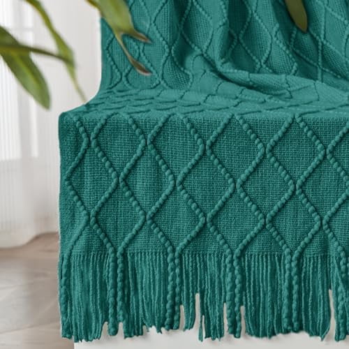 Knitted Throw Blankets for Couch and Bed, Soft Cozy Knit Blanket with Tassel, Blue Lightweight Decorative Blankets and Throws, Farmhouse Warm Woven Blanket for Men and Women, 50"x60"