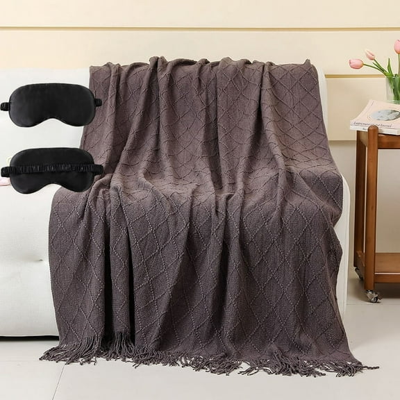 Knitted Throw Blankets with Eye Mask For Couch, Sofa And Bed, Lightweight Soft Knit Blanket With Tassel, Decorative Cozy Farmhouse Throw Blankets For Women And Man - 130x150cm-Grey