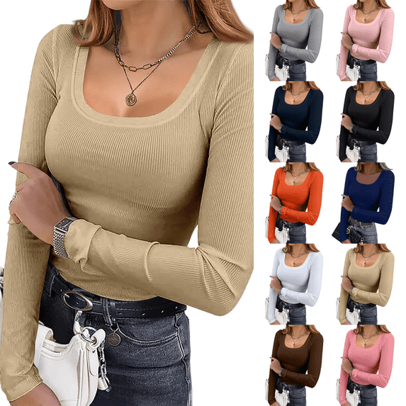 Knitted Tops for Women Long Sleeve Shirts with Slim Fitted Crop Tops Casual Crewneck Basic Tees Fall Fashion Y2K Clothes Beige 2XL
