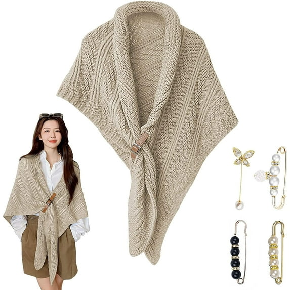 Knitted Triangle Shawl with Leather Buckle & 4Pcs Pearl Clips, Fall Winter Knitted Shawl Warm Scarf Cozy Ponchos