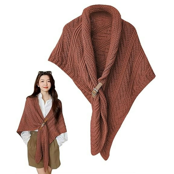 Knitted Triangular Shawl With Leather Buckle, Autumn And Winter Knitted Shawl, Warm Scarf, Cosy Poncho-Style 2