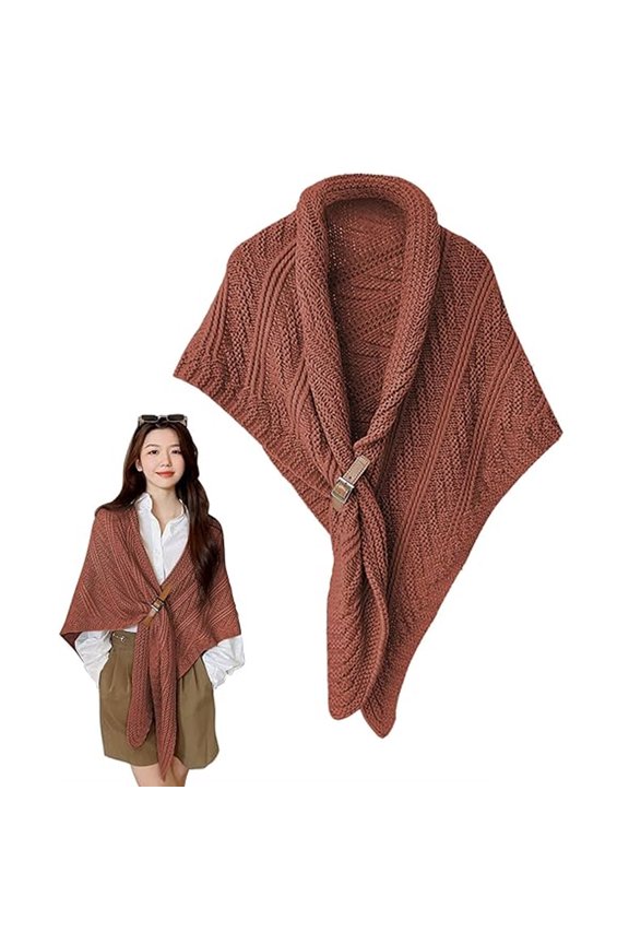 Knitted Triangular Shawl With Leather Buckle, Autumn And Winter Knitted Shawl, Warm Scarf, Cosy Poncho-Style 2