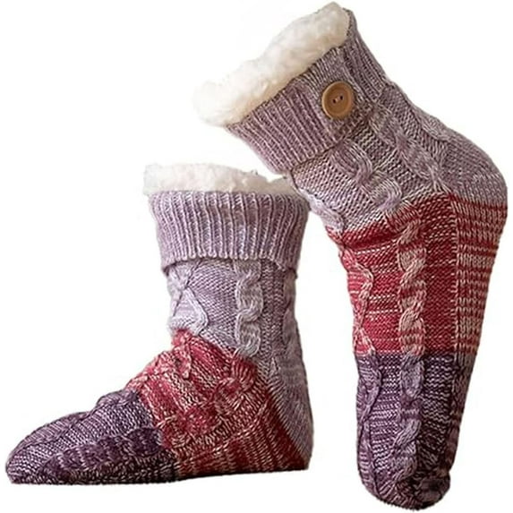 Knitted Ultra-Thick Slipper Home Socks, Non Slip Warm Winter Foot Slipper Socks, Fleece Lined Fuzzy Socks with Grippers