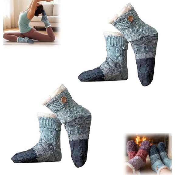 Knitted Ultra-Thick Slipper Home Socks, Ultra-Thick Lounge Wear Socks, Non-slip Warm Winter with Fleece Lined, Tri-color Knit Patchwork Non-Slip Warm Winter Socks, Blue, 2pcs
