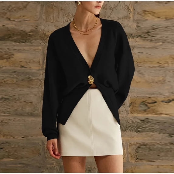 Knitted V-Neck Cardigan Sweaters (S, Black)