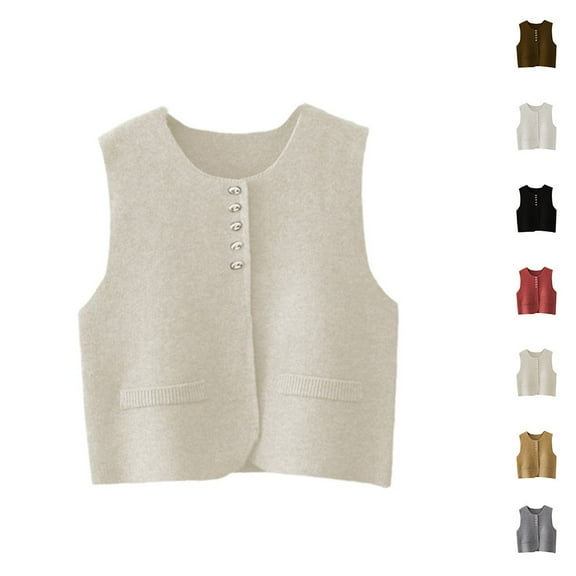 Knitted Vest For Women Solid Color Loose Office Ladies Round Neck Sleeveless Red YIWEI