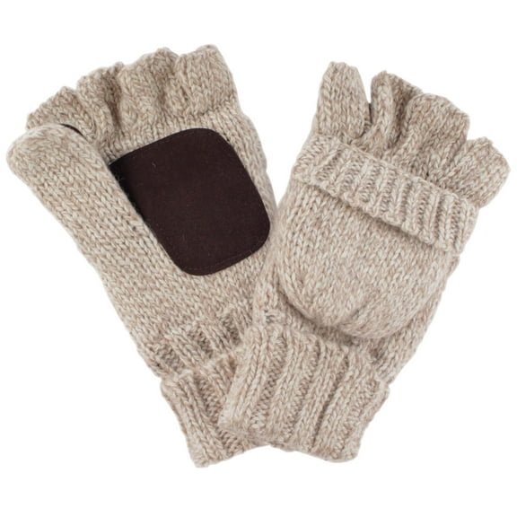 BambooMN Wool Acrylic Knitted Winter Convertible Half Fingerless Glove Mittens Combo - Beige - 1 Pair