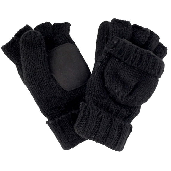 BambooMN Wool Acrylic Knitted Winter Convertible Half Fingerless Glove Mittens Combo - Black - 1 Pair