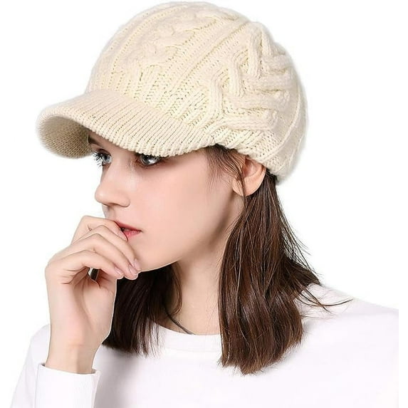 Knitted Winter Wool Lined Women's Knit Visor Beanie: Warm Newsboy Hat with Brim & Bill Stylish Stocking Cap for Cold Weather M Beige