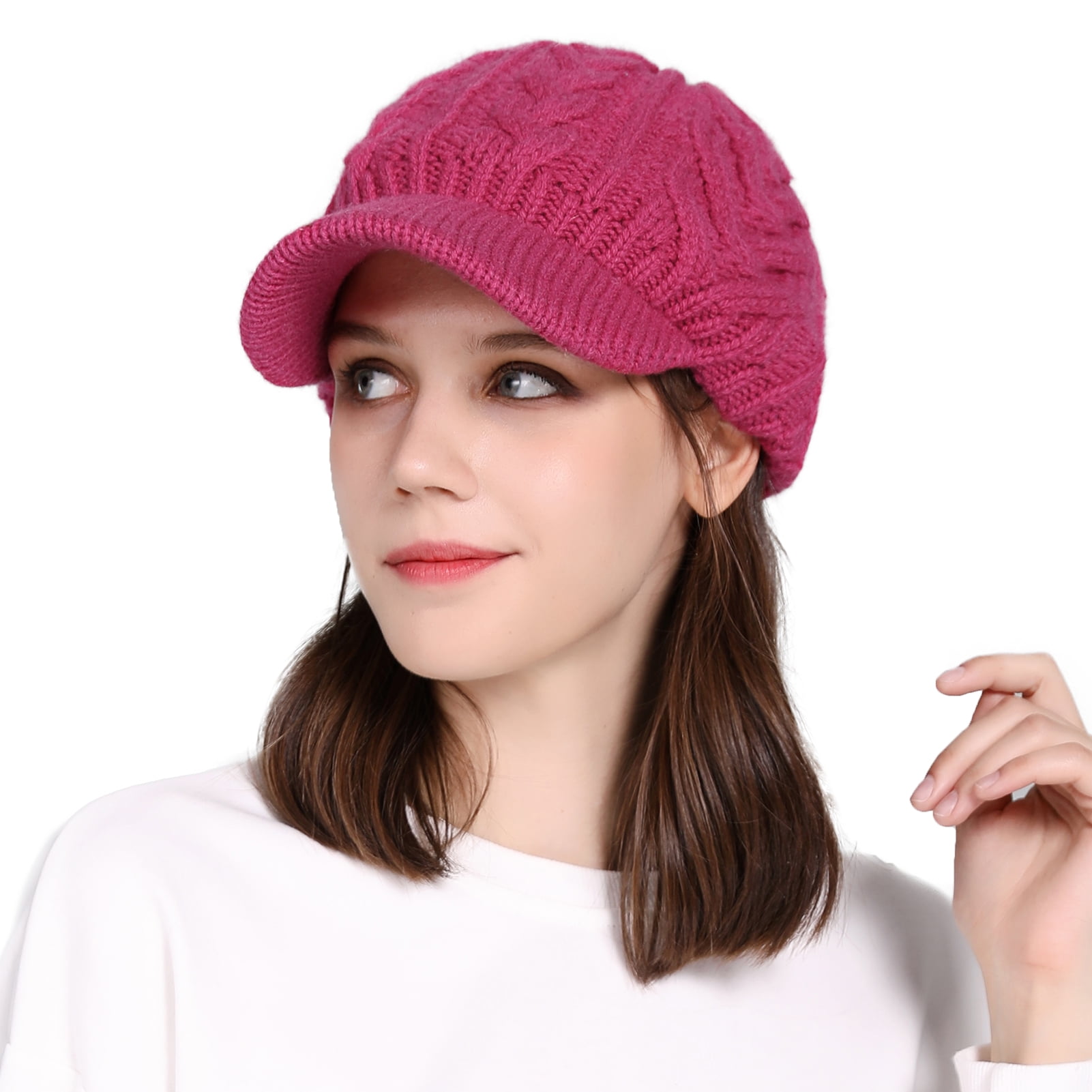 Knitted Winter Wool Lined Women's Knit Visor Beanie: Warm Knitted Winter Wool Lined Women's Knit Visor Beanie: Warm