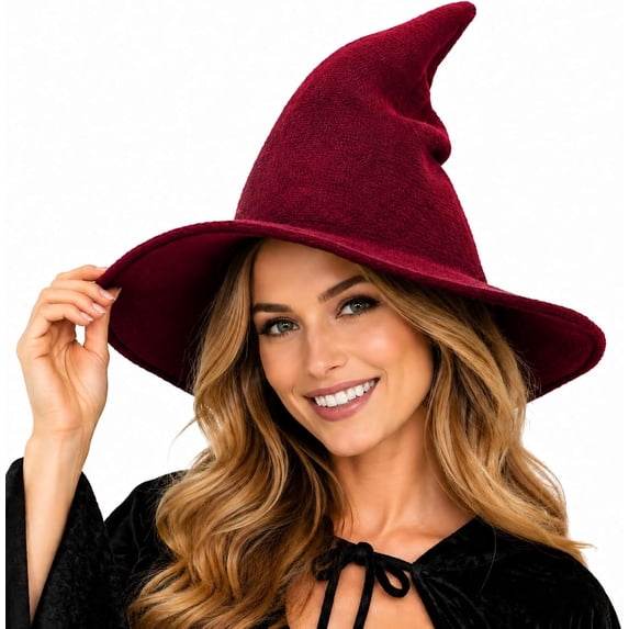 Knitted Witch Hat for Women Wool Wizard Hat Wide Brim Pointed Halloween Cosplay Witch Hat Foldable Witch Hat for Party